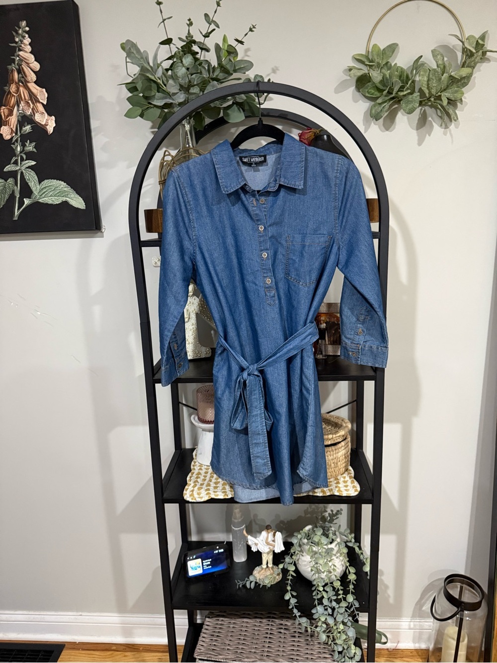 Sweet Wanderer Chambray Tie Waist Shirt Dress | Medium Wash Denim | Size Medium